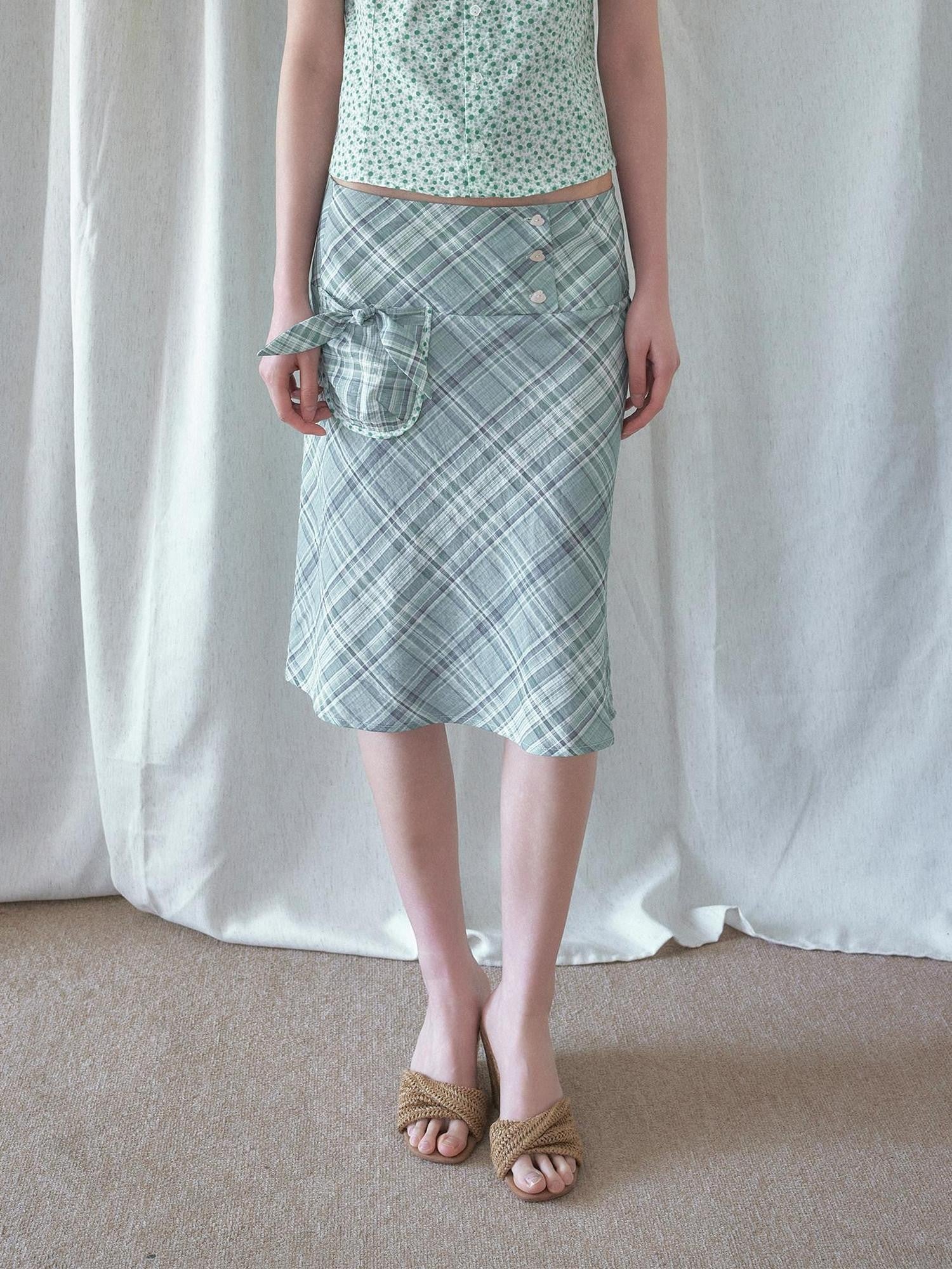SENSELF Mint Green Blue Vintage Plaid Bias Cut Low Waist Women's Mermaid Skirts