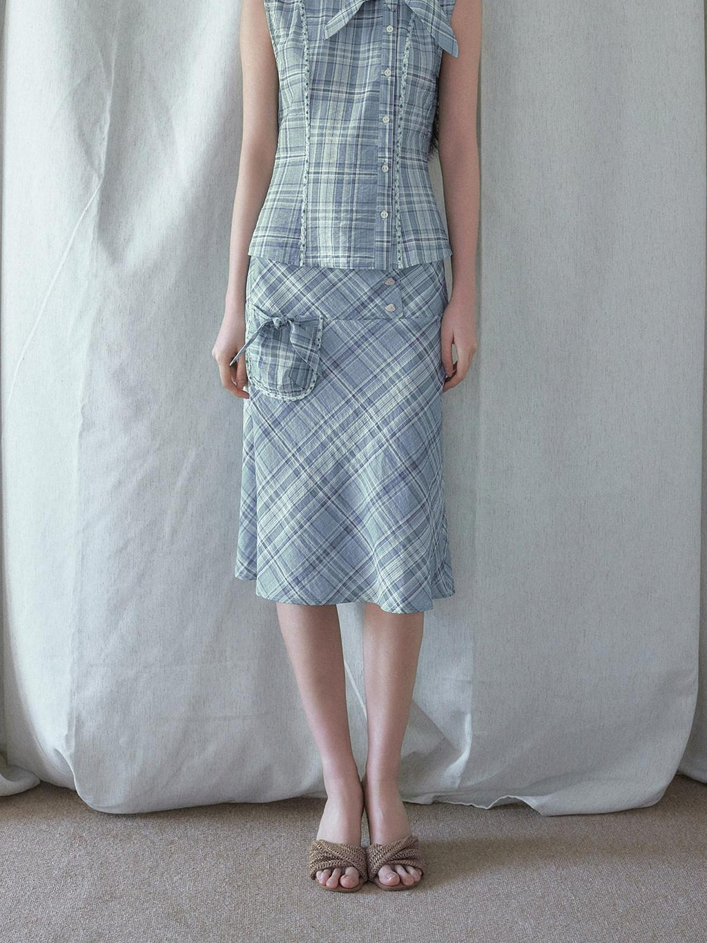 SENSELF Mint Green Blue Vintage Plaid Bias Cut Low Waist Women's Mermaid Skirts