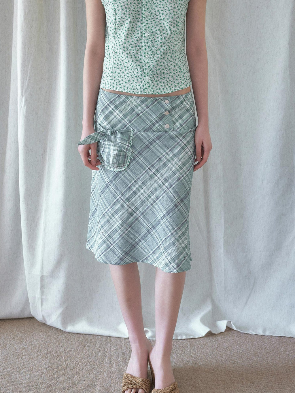 SENSELF Mint Green Blue Vintage Plaid Bias Cut Low Waist Women's Mermaid Skirts