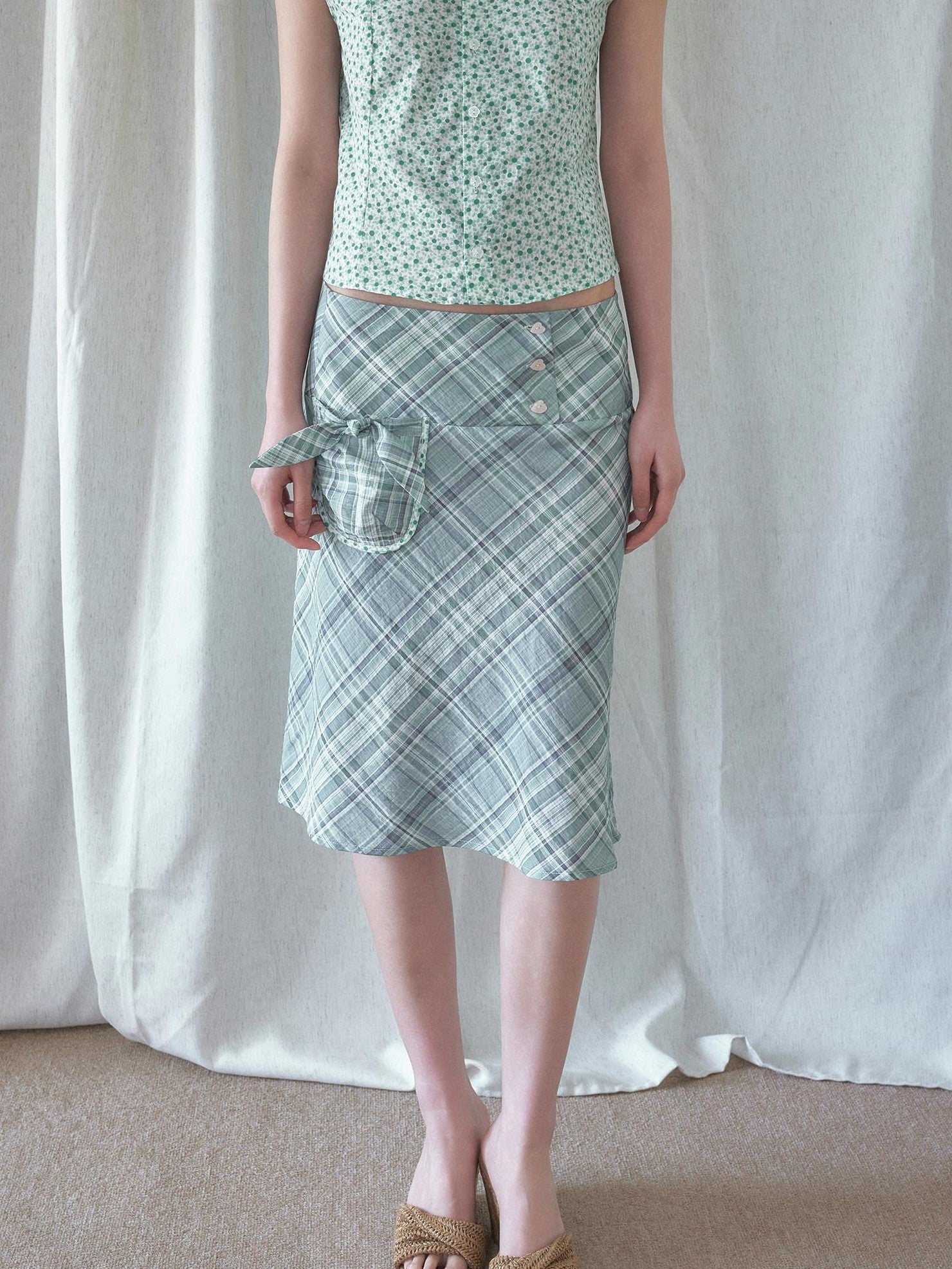 SENSELF Mint Green Blue Vintage Plaid Bias Cut Low Waist Women's Mermaid Skirts