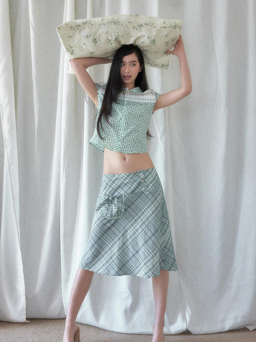 SENSELF Mint Green Blue Vintage Plaid Bias Cut Low Waist Women's Mermaid Skirts