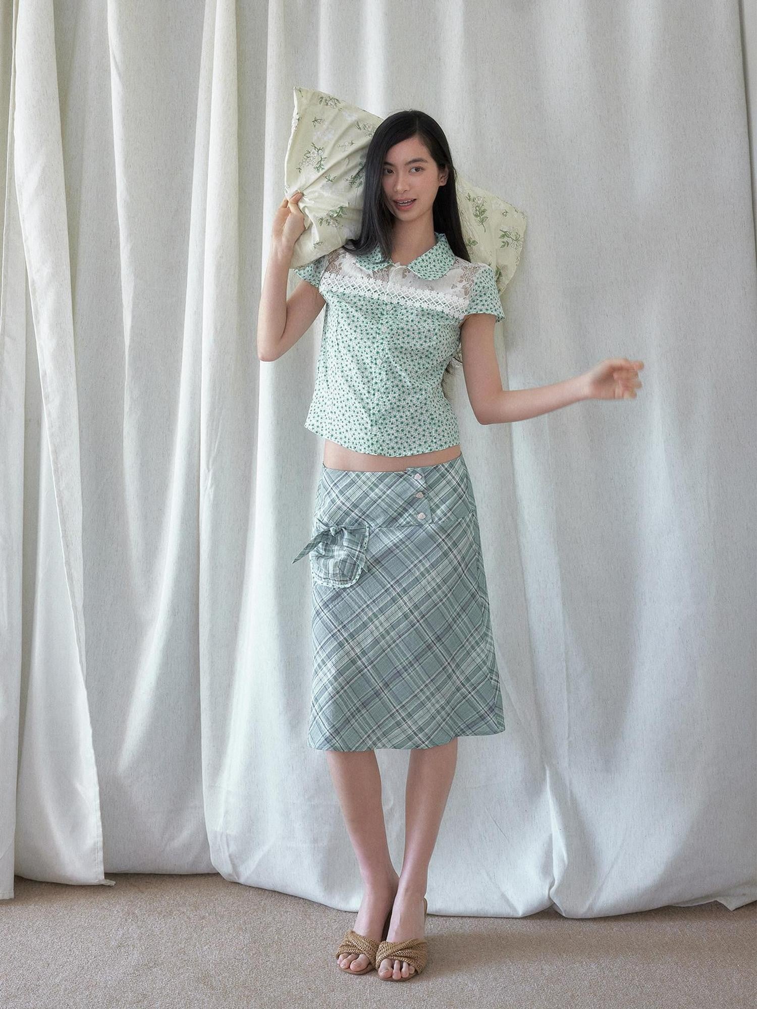 SENSELF Mint Green Blue Vintage Plaid Bias Cut Low Waist Women's Mermaid Skirts