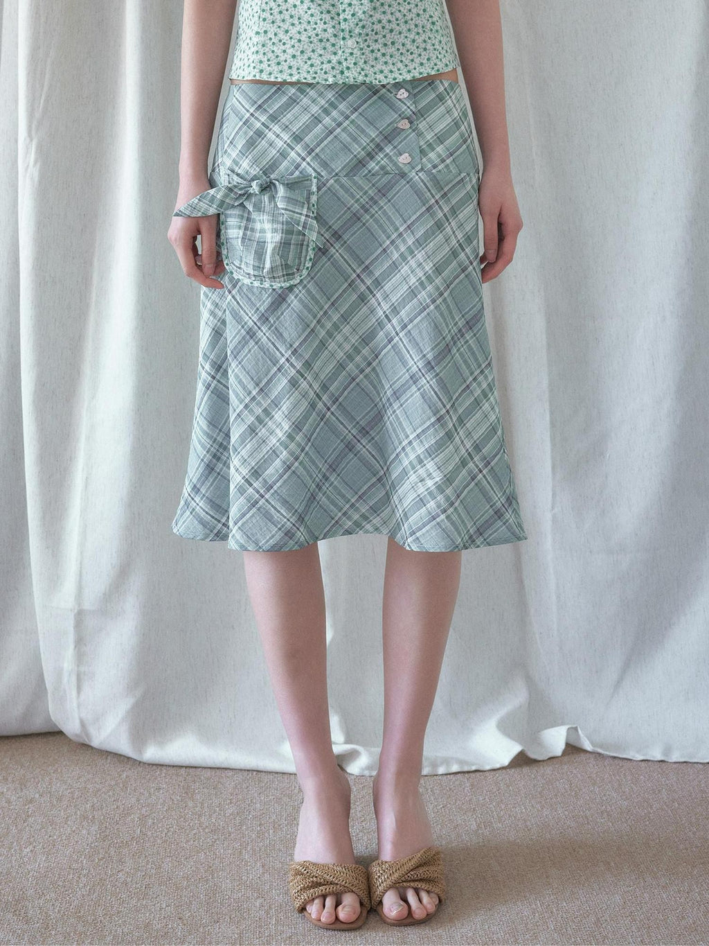 SENSELF Mint Green Blue Vintage Plaid Bias Cut Low Waist Women's Mermaid Skirts