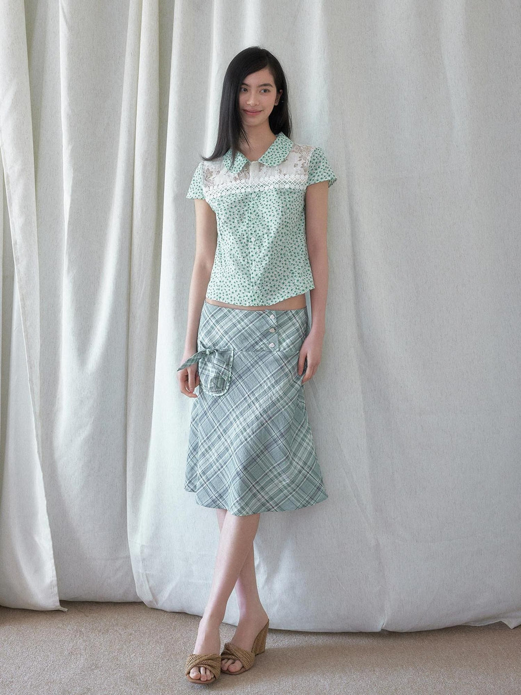 SENSELF Mint Green Blue Vintage Plaid Bias Cut Low Waist Women's Mermaid Skirts