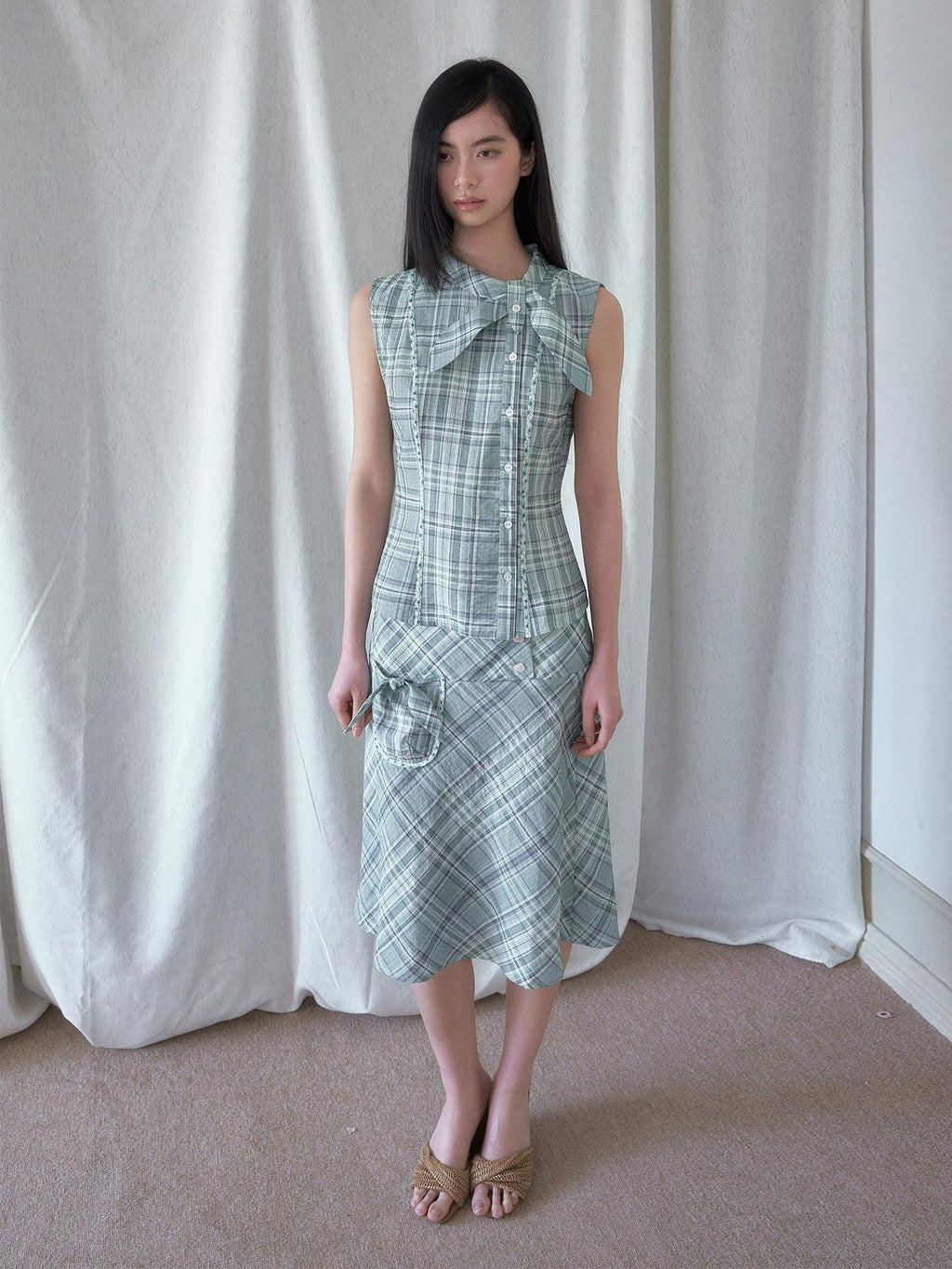 SENSELF Mint Green Blue Vintage Plaid Bias Cut Low Waist Women's Mermaid Skirts