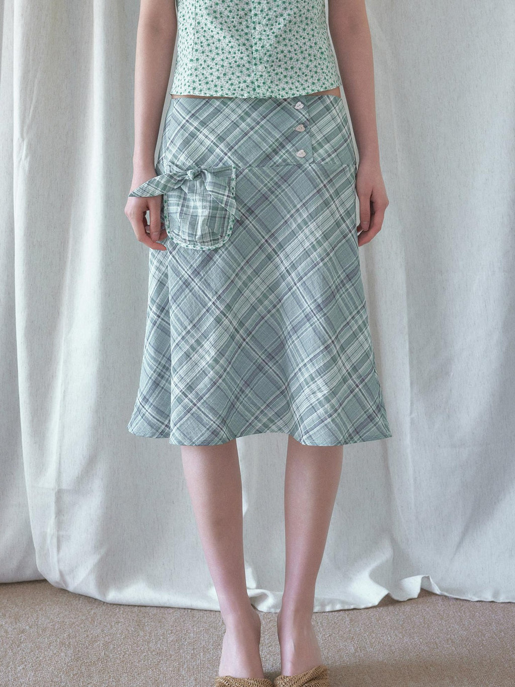 SENSELF Mint Green Blue Vintage Plaid Bias Cut Low Waist Women's Mermaid Skirts