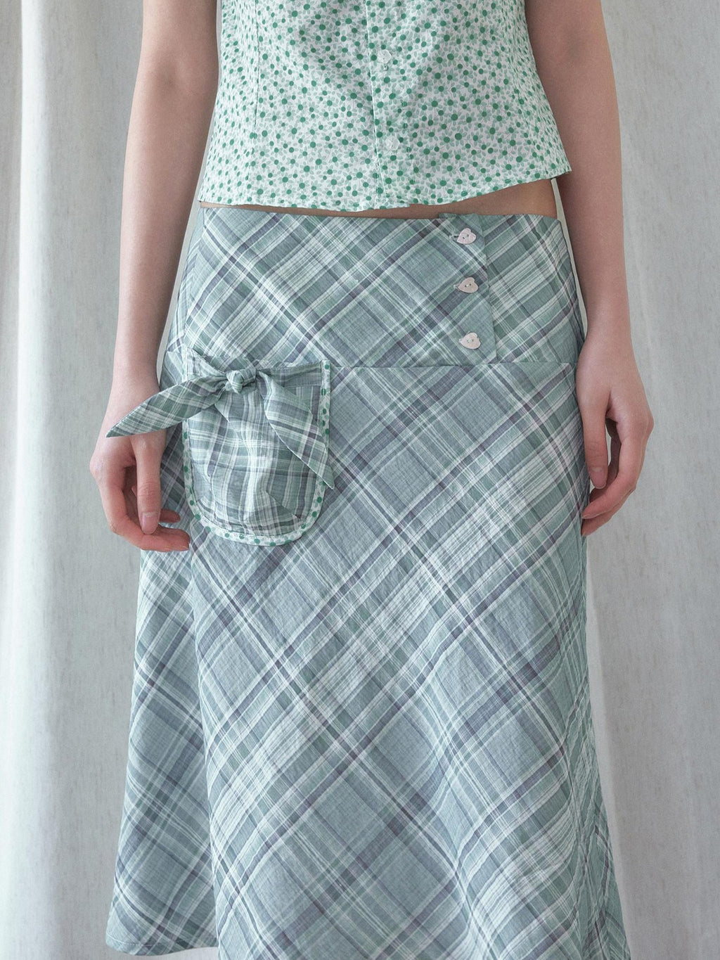 SENSELF Mint Green Blue Vintage Plaid Bias Cut Low Waist Women's Mermaid Skirts