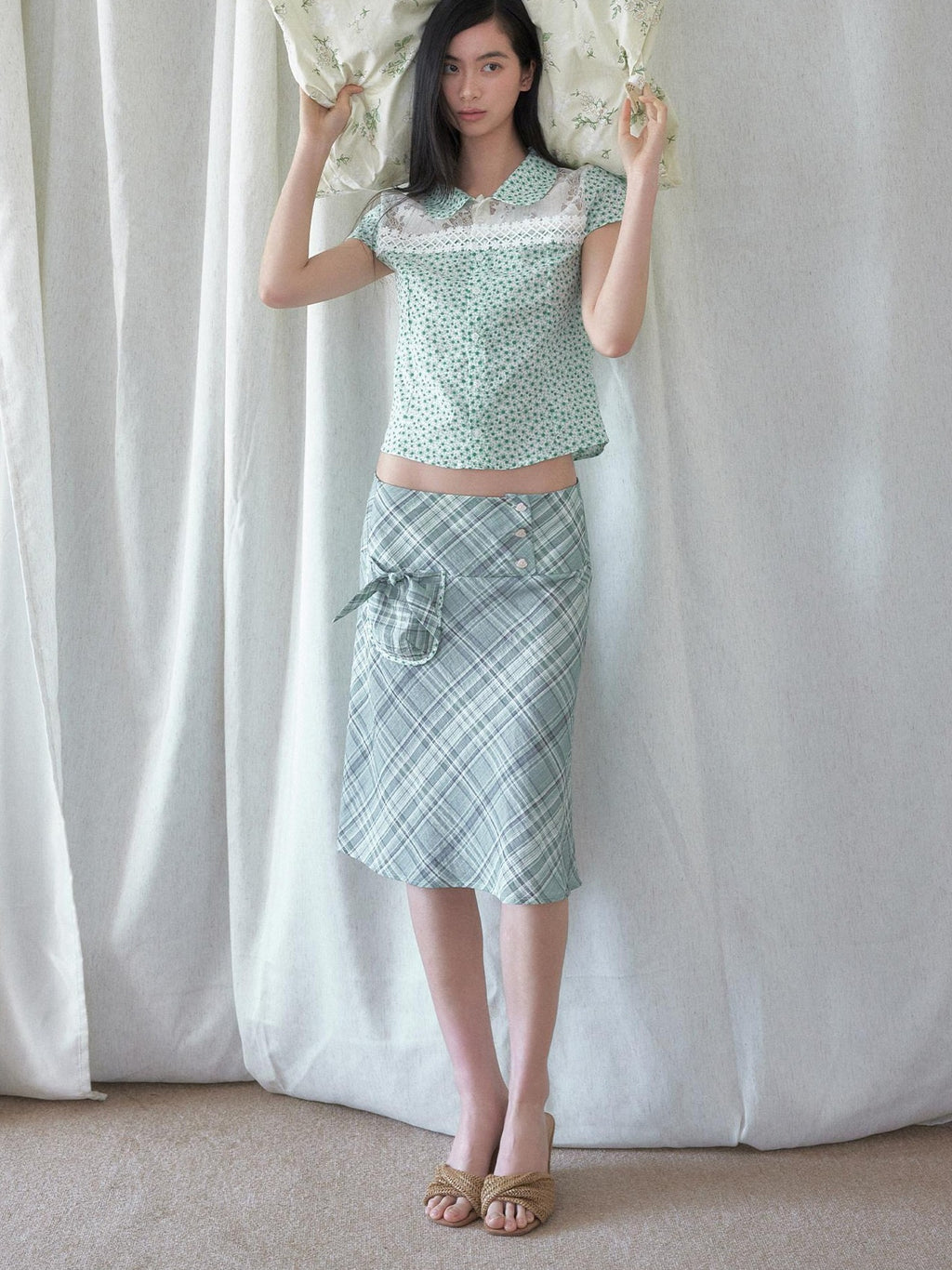 SENSELF Mint Green Blue Vintage Plaid Bias Cut Low Waist Women's Mermaid Skirts