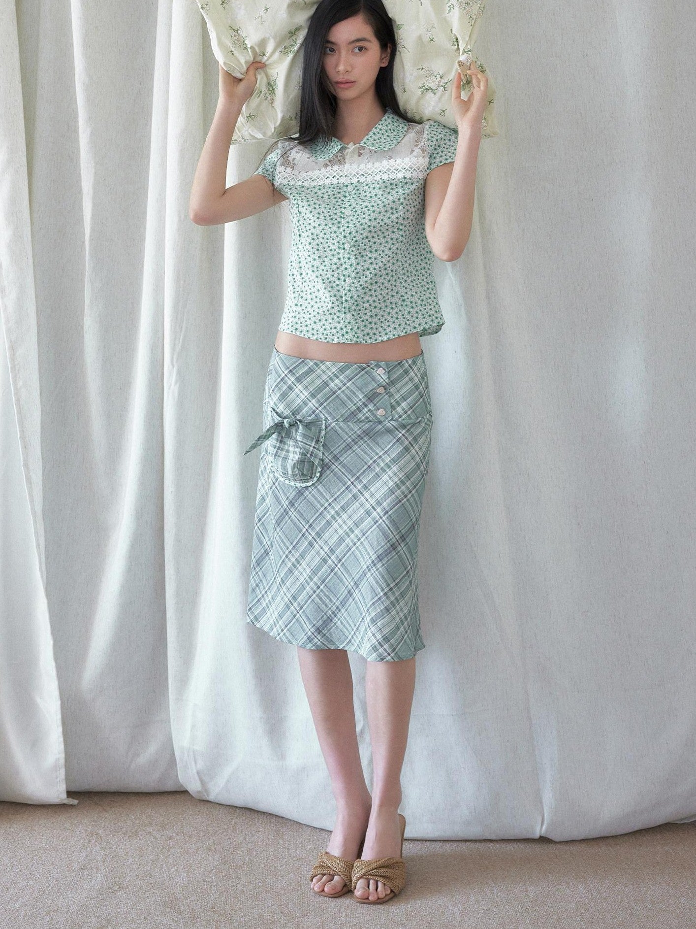 SENSELF Mint Green Blue Vintage Plaid Bias Cut Low Waist Women's Mermaid Skirts