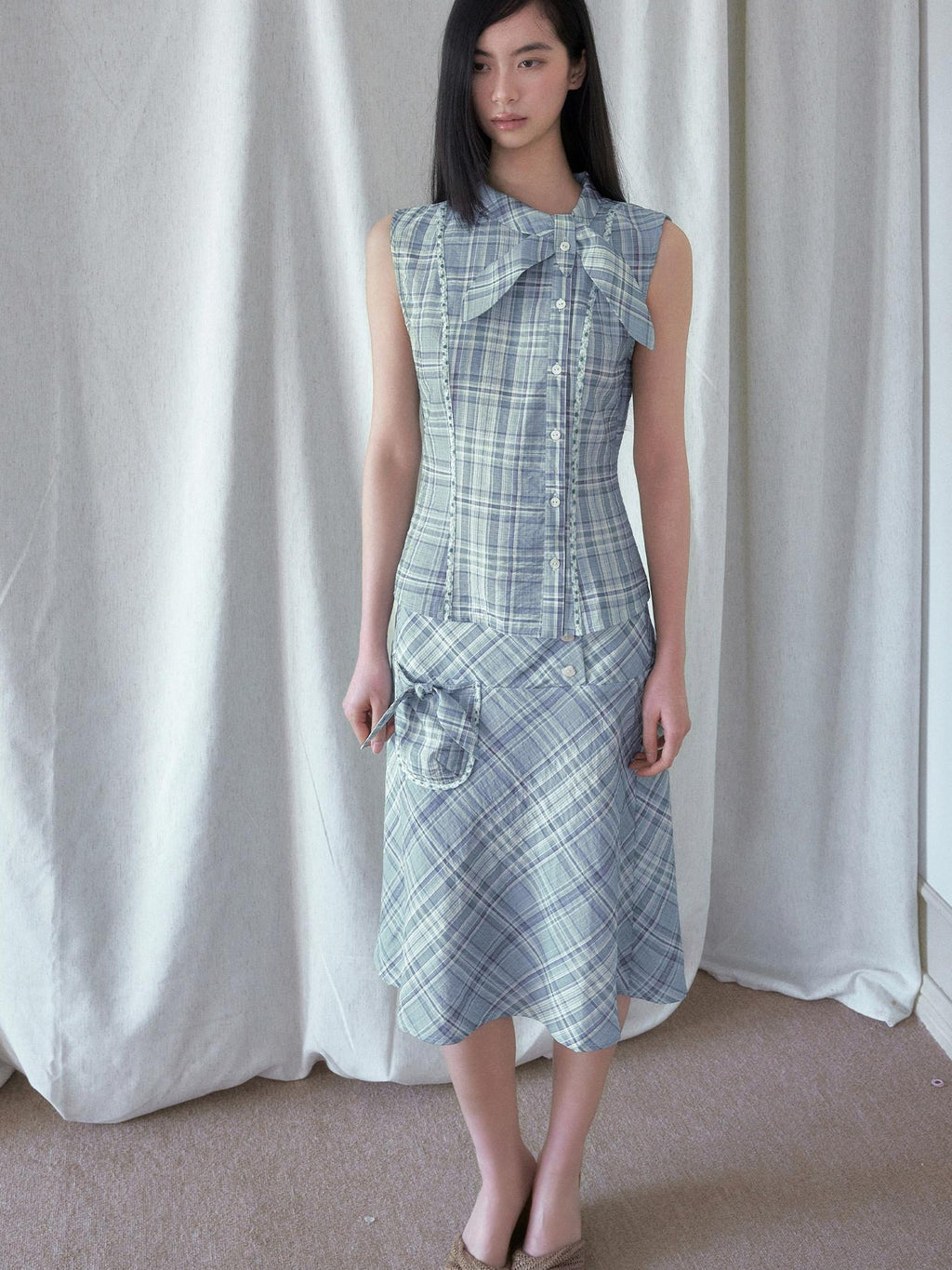 SENSELF Mint Green Blue Vintage Plaid Bias Cut Low Waist Women's Mermaid Skirts