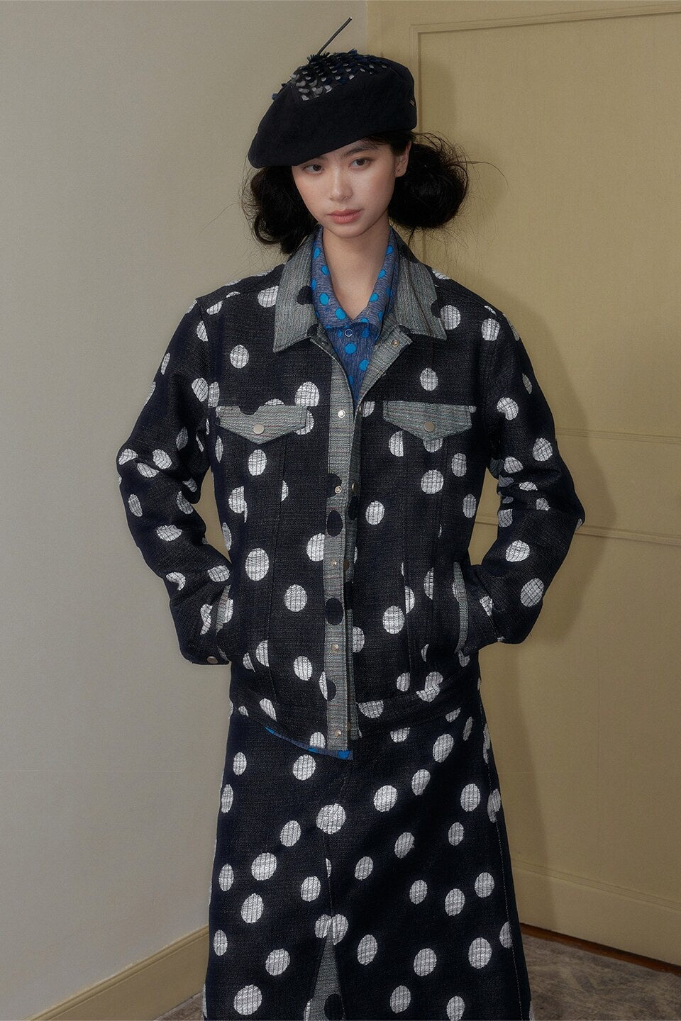 SENSELF_Navy_Black_Colorblock_Cropped_Polka_Dot_Print_Women's_Denim_Jackets_845620748503_MISSTT