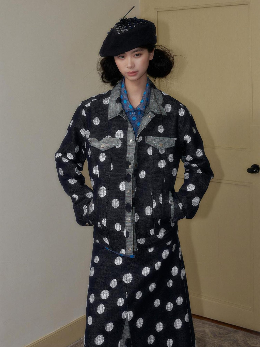 SENSELF Navy Black Colorblock Cropped Polka Dot Print Women's Denim Jackets