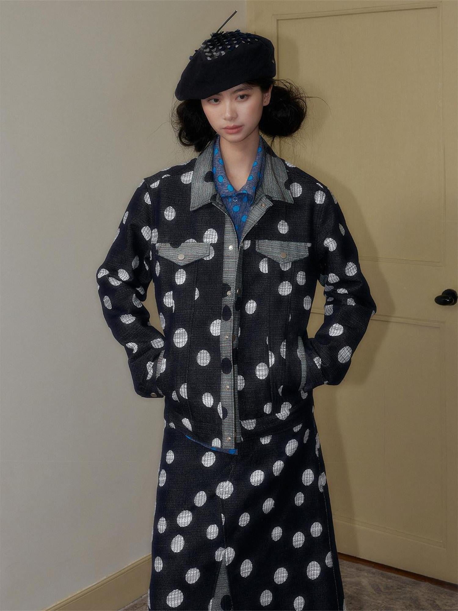 SENSELF Navy Black Colorblock Cropped Polka Dot Print Women's Denim Jackets