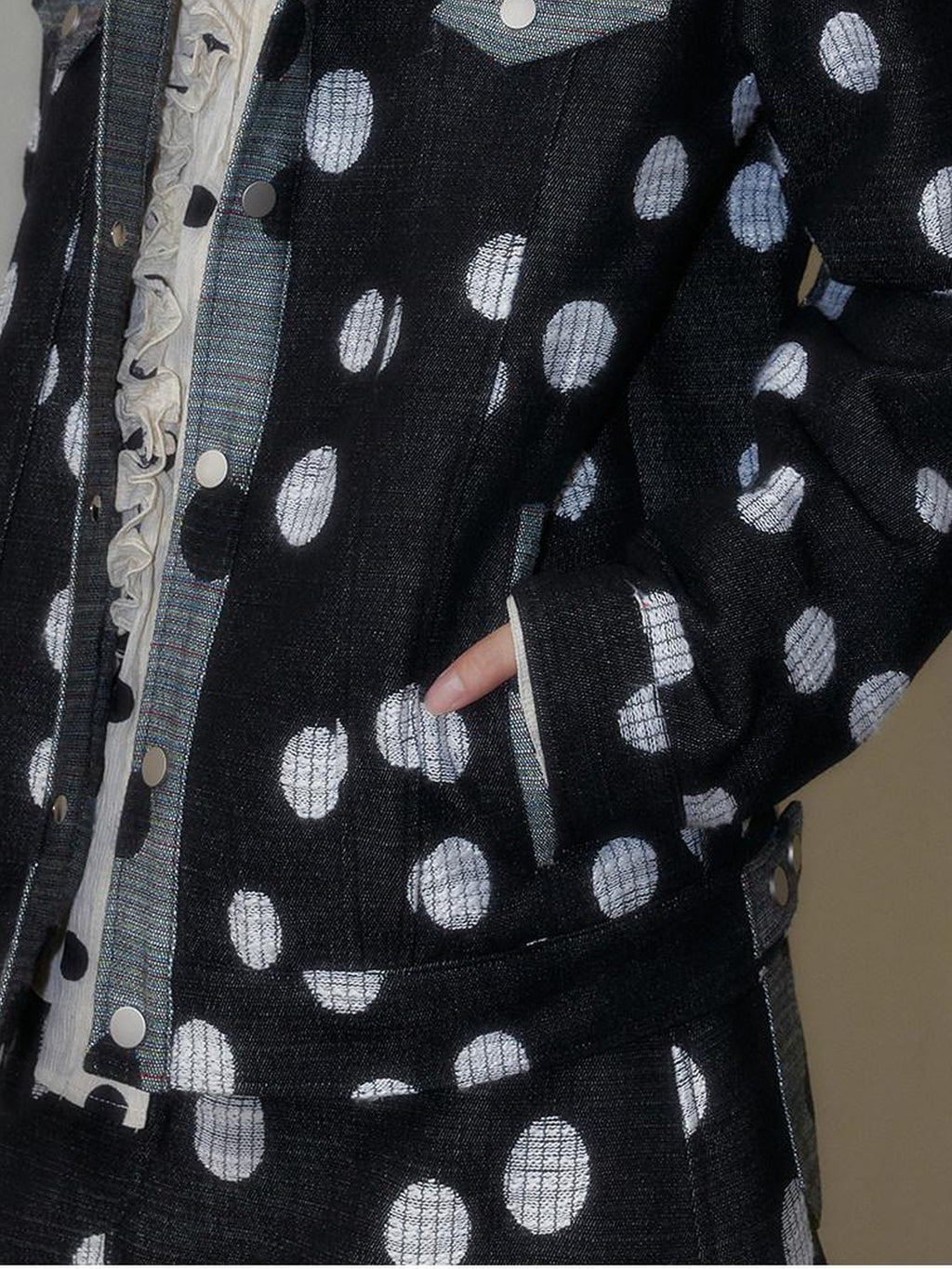 SENSELF Navy Black Colorblock Cropped Polka Dot Print Women's Denim Jackets