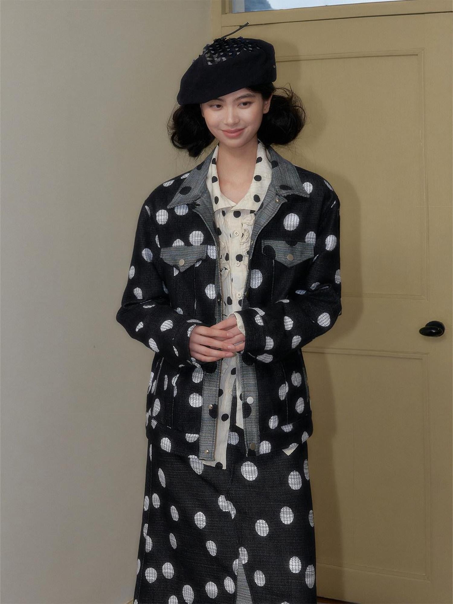 SENSELF Navy Black Colorblock Cropped Polka Dot Print Women's Denim Jackets