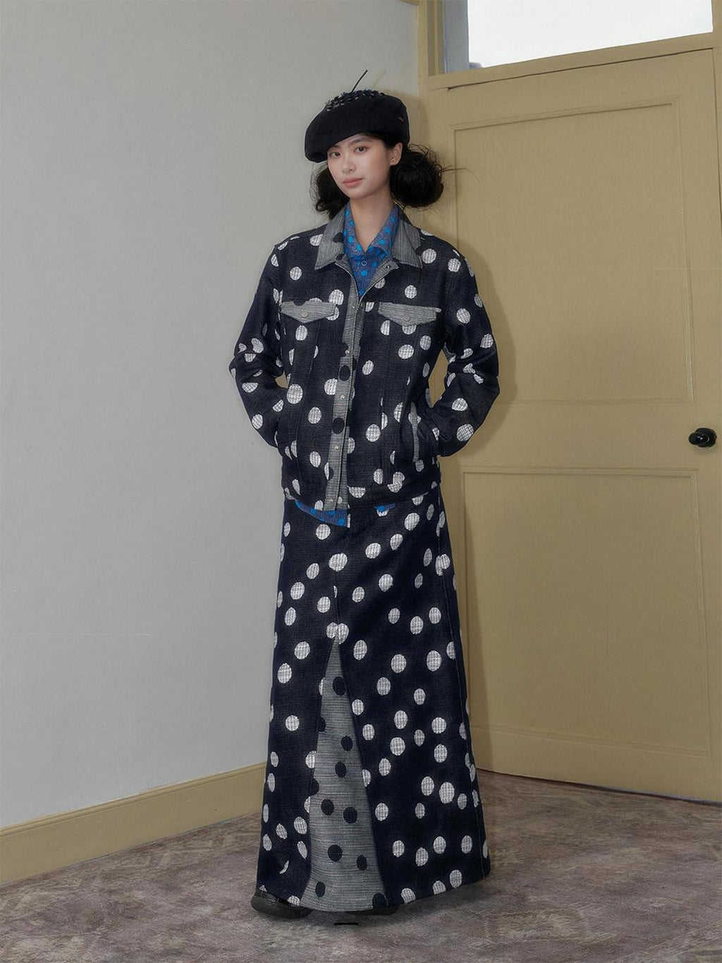 SENSELF Navy Black Colorblock Cropped Polka Dot Print Women's Denim Jackets