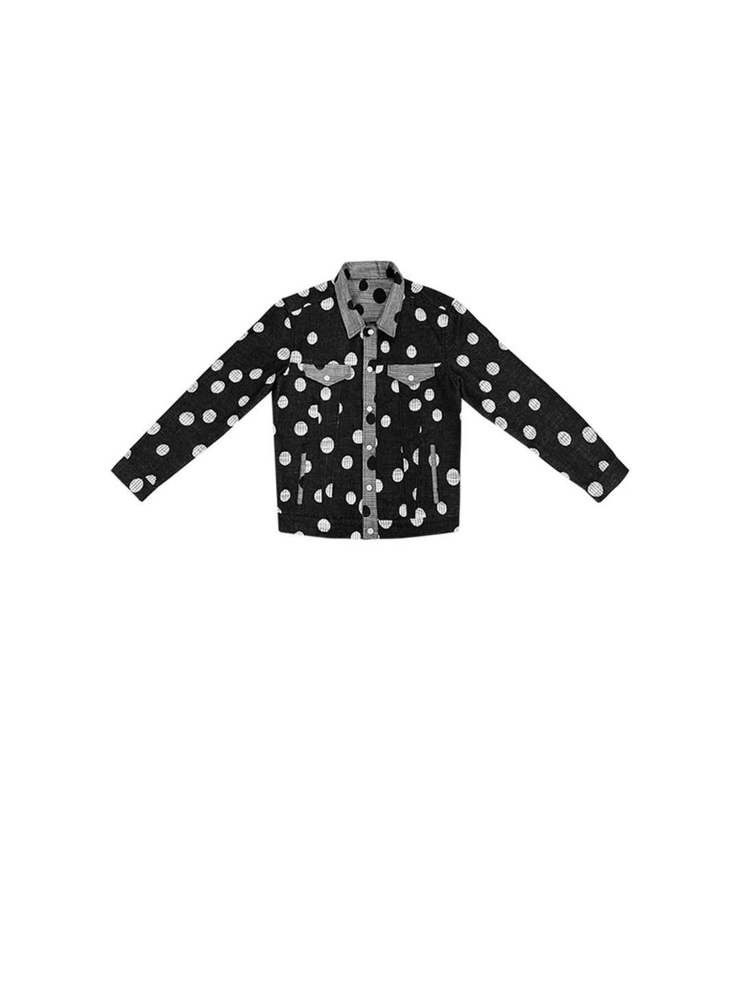 SENSELF Navy Black Colorblock Cropped Polka Dot Print Women's Denim Jackets