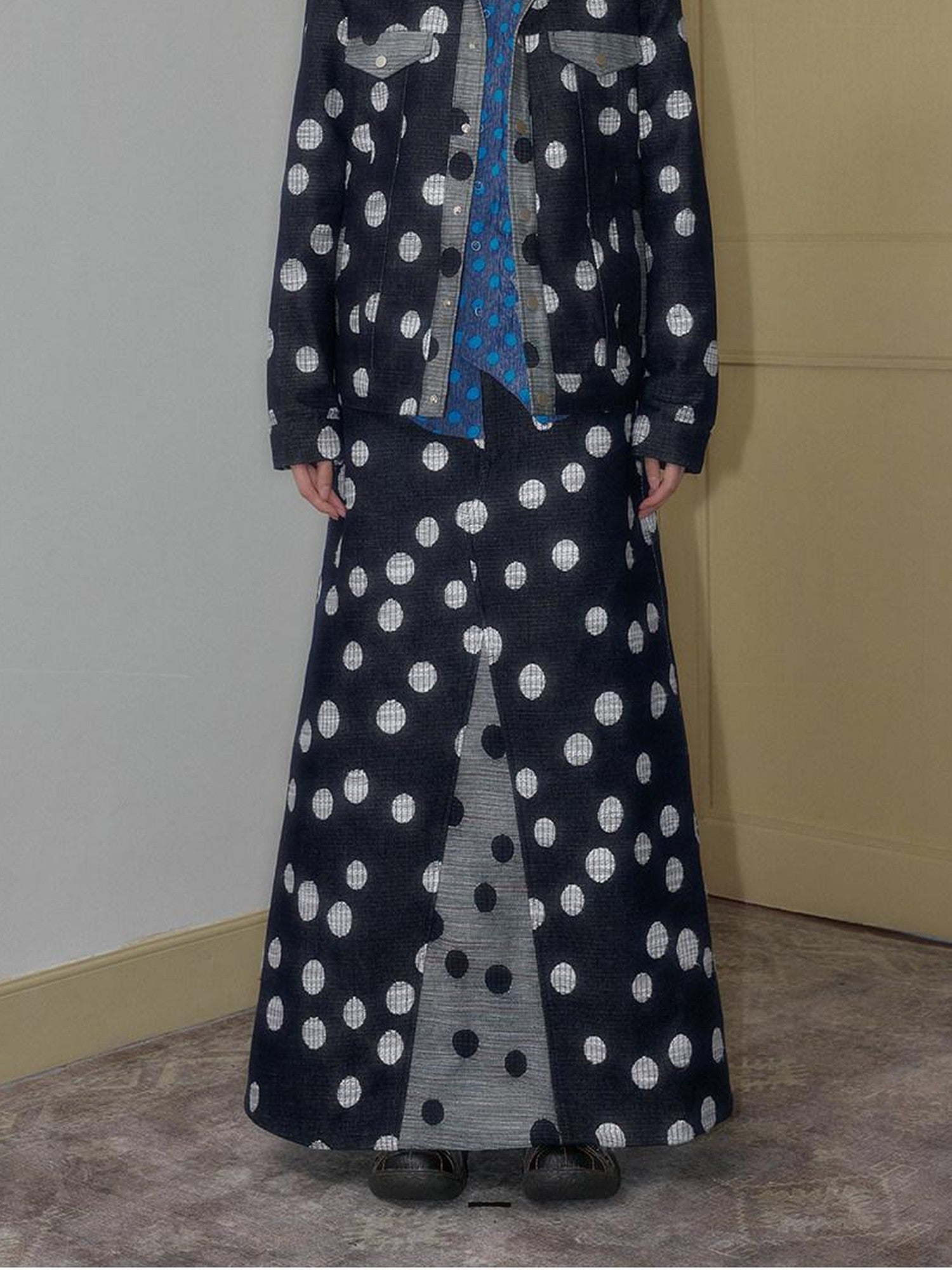 SENSELF Navy Black Colorblock Cropped Polka Dot Print Women's Denim Jackets