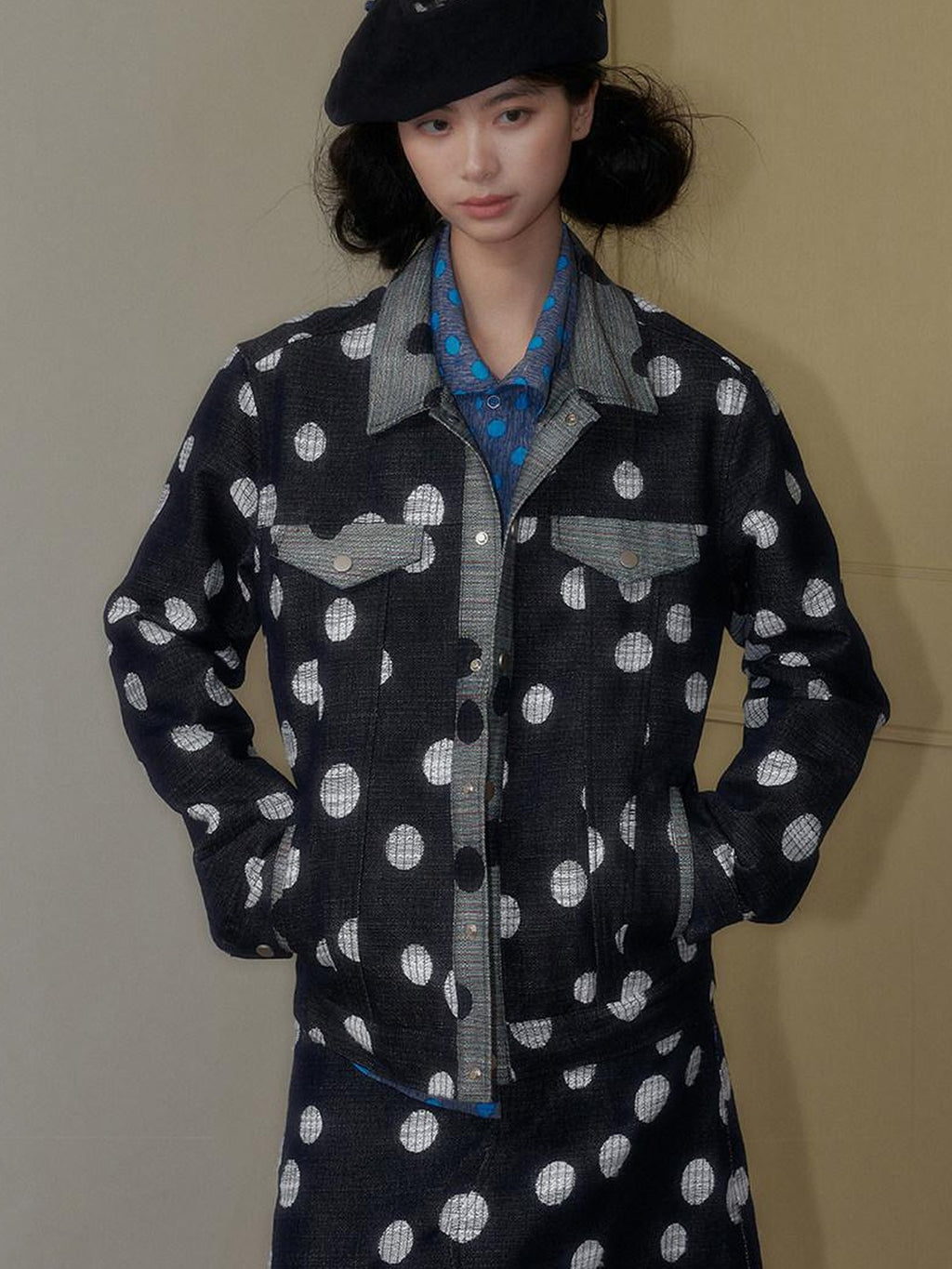 SENSELF Navy Black Colorblock Cropped Polka Dot Print Women's Denim Jackets