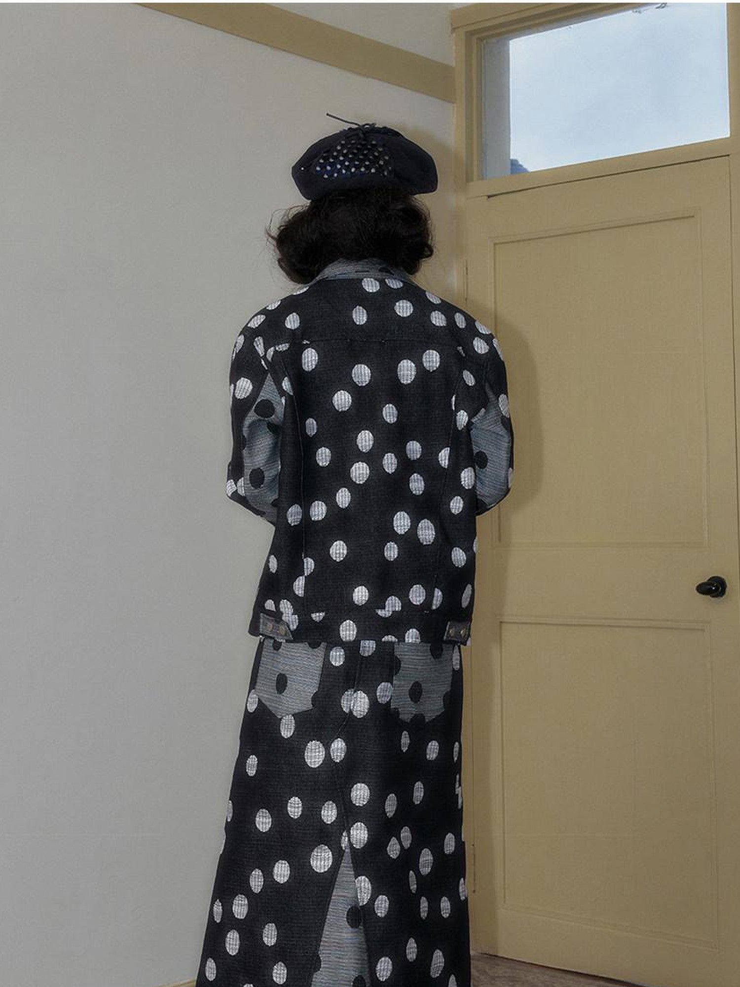 SENSELF Navy Black Colorblock Cropped Polka Dot Print Women's Denim Jackets