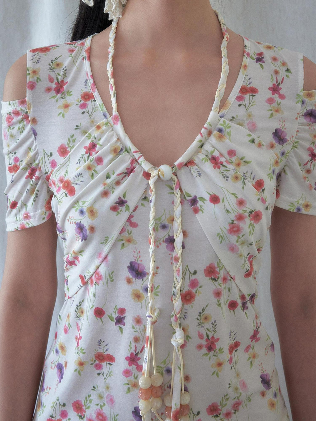 SENSELF Off Shoulder Beaded Strappy Floral Hollow Knit Women's Short Sleeve T-shirts