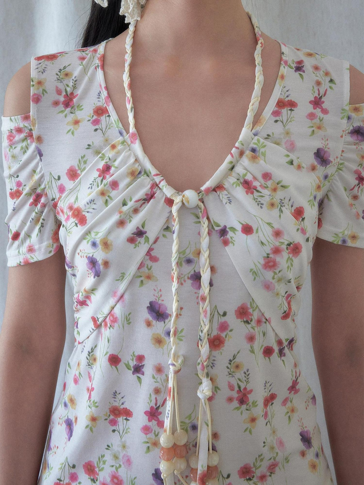 SENSELF Off Shoulder Beaded Strappy Floral Hollow Knit Women's Short Sleeve T-shirts