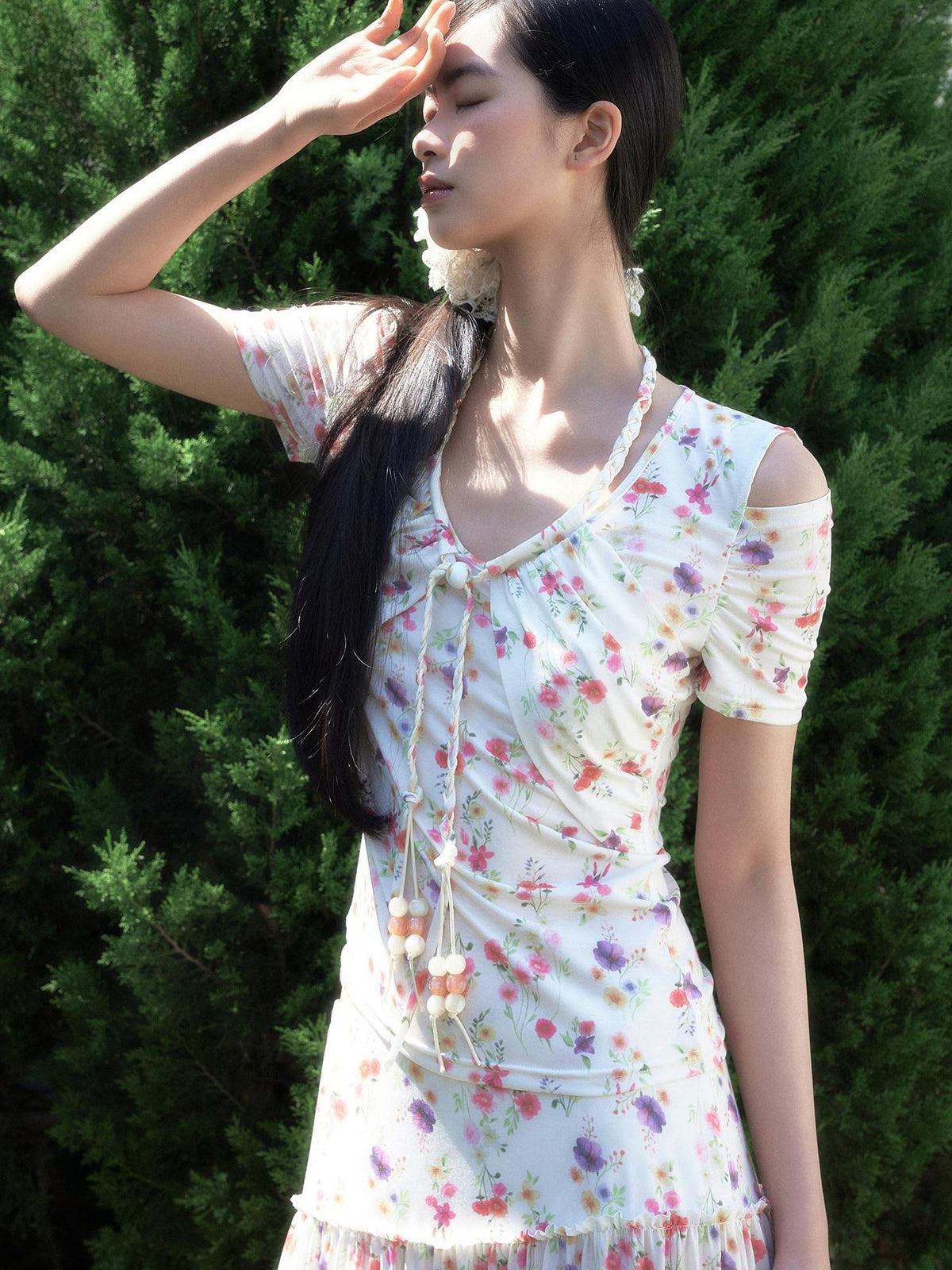 SENSELF Off Shoulder Beaded Strappy Floral Hollow Knit Women's Short Sleeve T-shirts