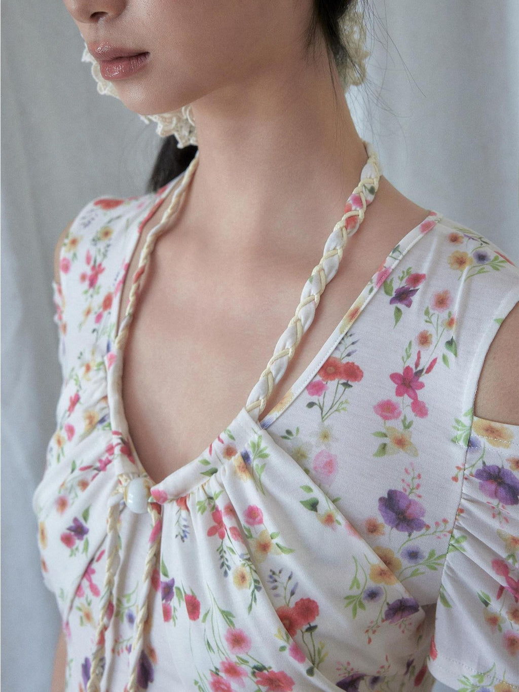 SENSELF Off Shoulder Beaded Strappy Floral Hollow Knit Women's Short Sleeve T-shirts