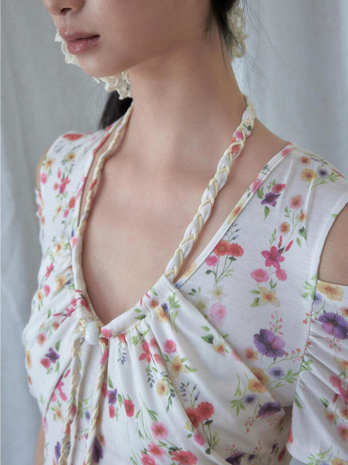 SENSELF Off Shoulder Beaded Strappy Floral Hollow Knit Women's Short Sleeve T-shirts