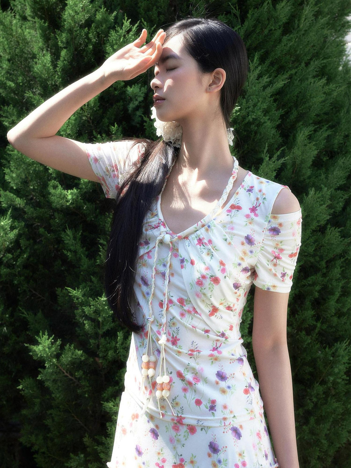 SENSELF Off Shoulder Beaded Strappy Floral Hollow Knit Women's Short Sleeve T-shirts