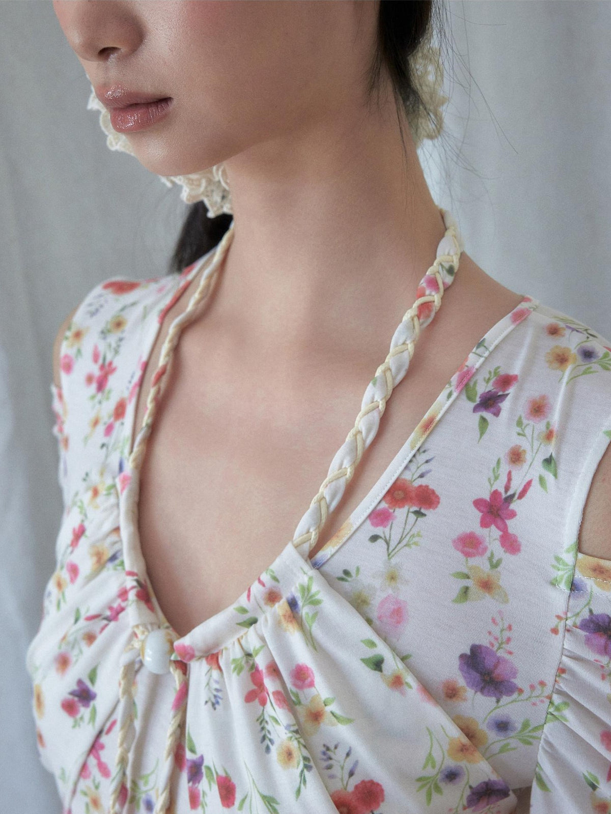 SENSELF Off Shoulder Beaded Strappy Floral Hollow Knit Women's Short Sleeve T-shirts