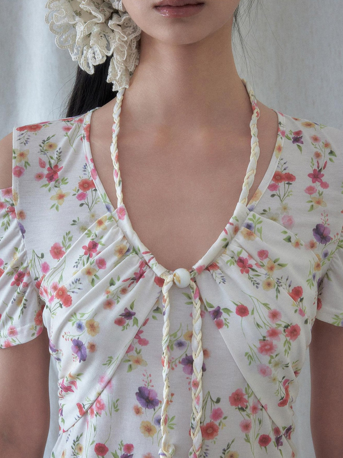 SENSELF Off Shoulder Beaded Strappy Floral Hollow Knit Women's Short Sleeve T-shirts
