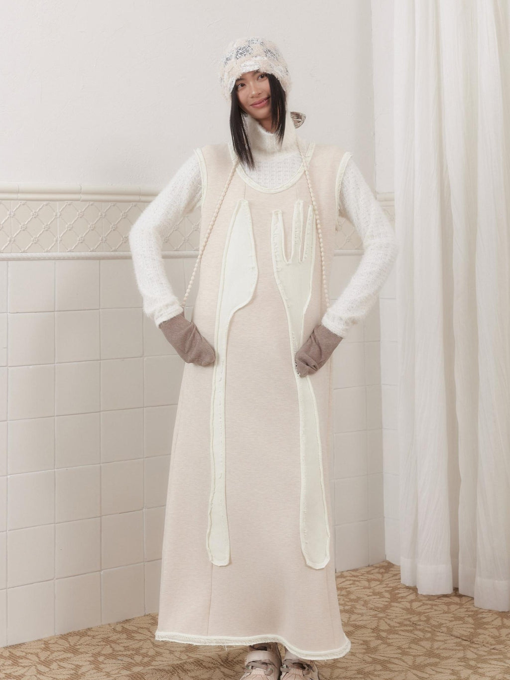 SENSELF Off White Knife Fork Patch A Line Frayed Vest Women's Knit Casual Maxi Dresses