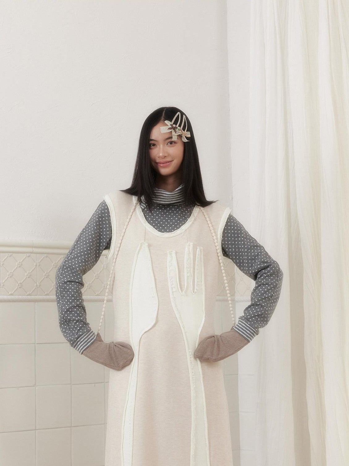 SENSELF Off White Knife Fork Patch A Line Frayed Vest Women's Knit Casual Maxi Dresses