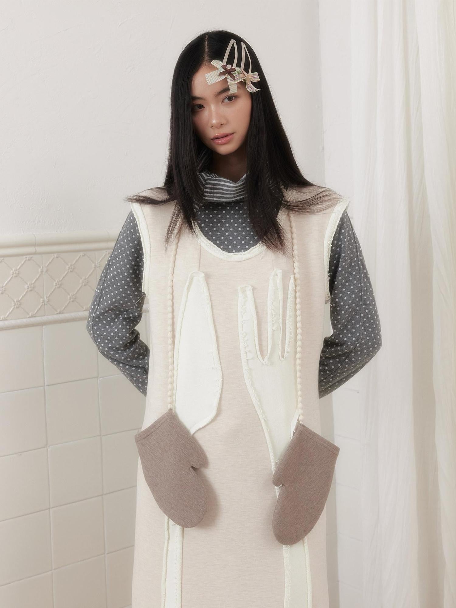 SENSELF Off White Knife Fork Patch A Line Frayed Vest Women's Knit Casual Maxi Dresses