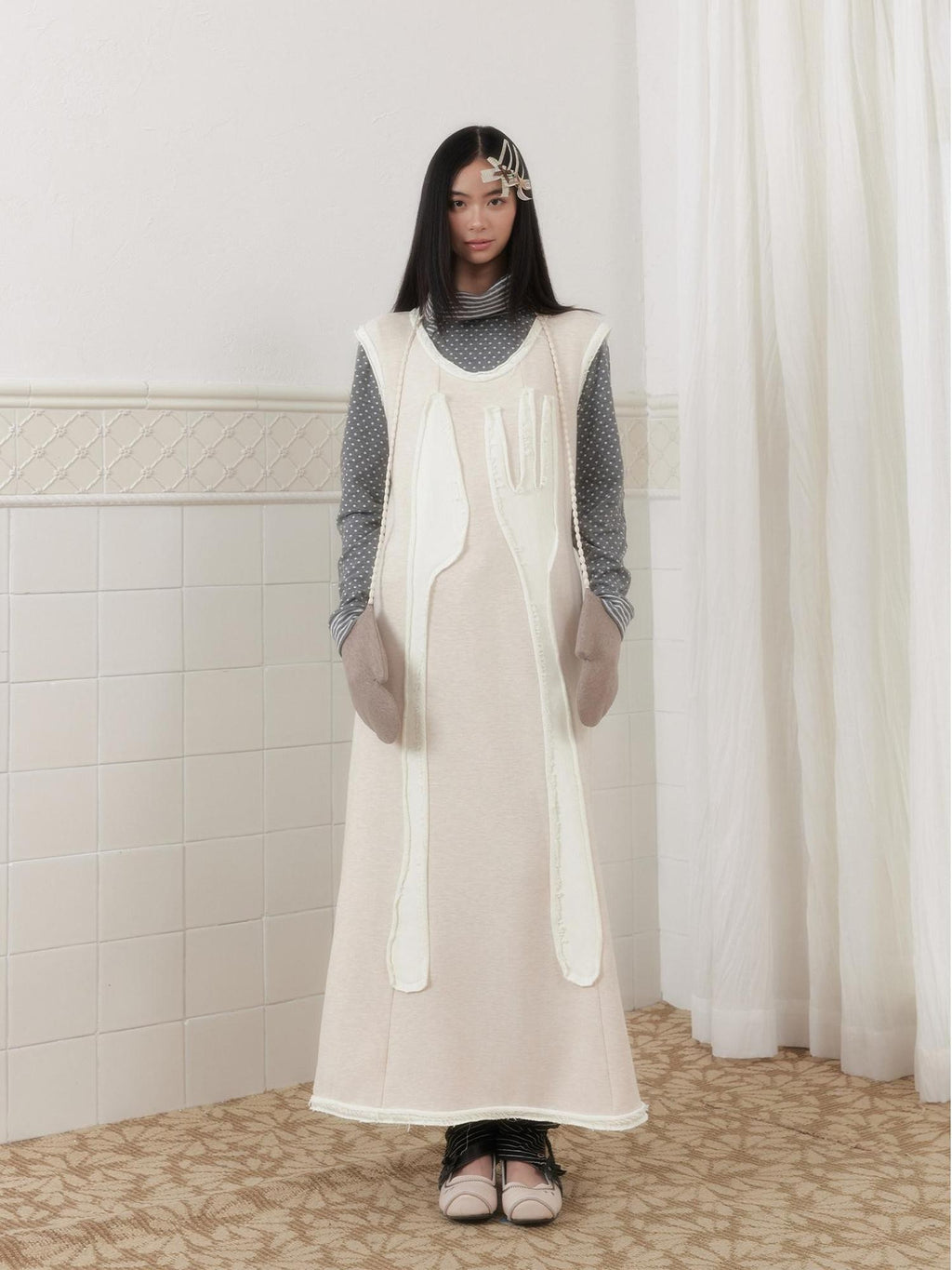 SENSELF Off White Knife Fork Patch A Line Frayed Vest Women's Knit Casual Maxi Dresses