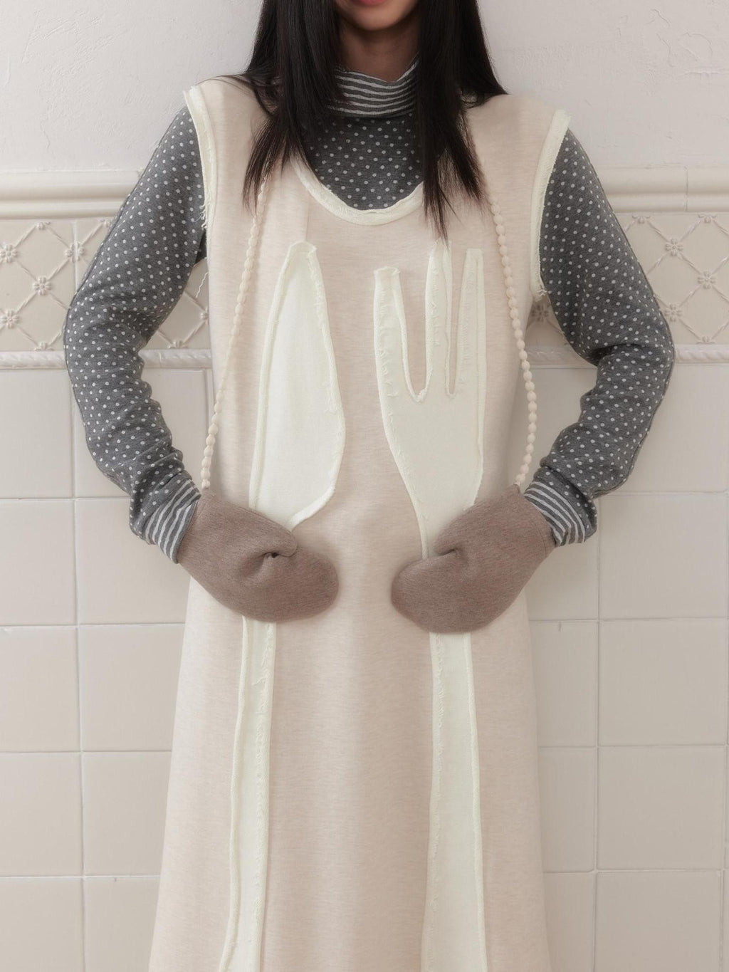 SENSELF Off White Knife Fork Patch A Line Frayed Vest Women's Knit Casual Maxi Dresses