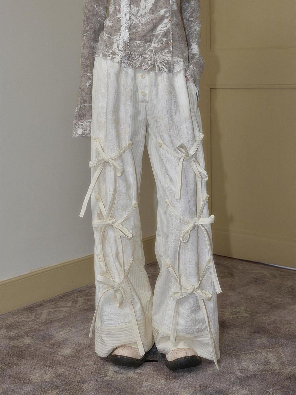 SENSELF Off White Striped Detachable Tie Bow New Chinese Style Women's Wide-leg Pants
