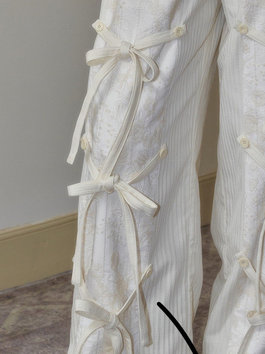 SENSELF Off White Striped Detachable Tie Bow New Chinese Style Women's Wide-leg Pants