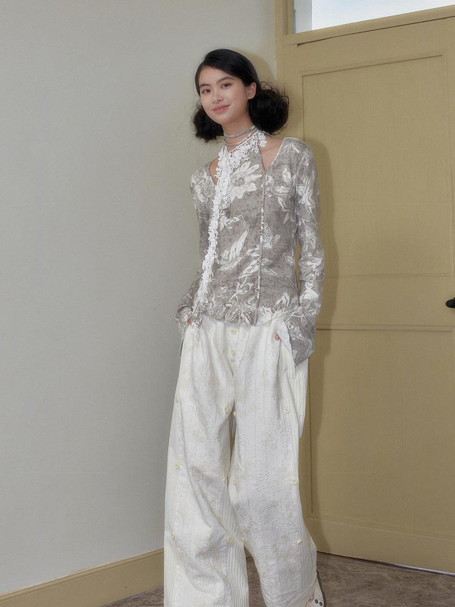 SENSELF Off White Striped Detachable Tie Bow New Chinese Style Women's Wide-leg Pants