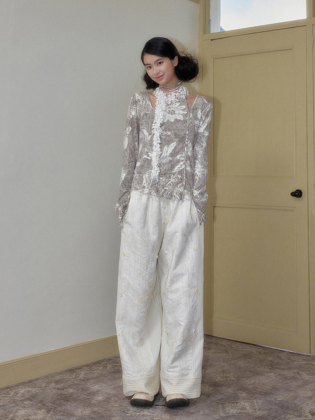 SENSELF Off White Striped Detachable Tie Bow New Chinese Style Women's Wide-leg Pants
