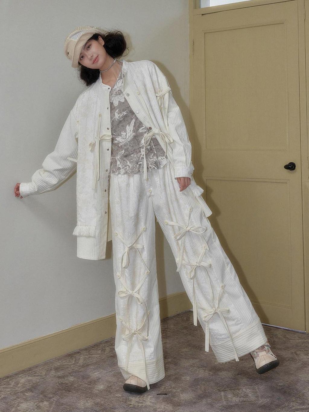 SENSELF Off White Striped Detachable Tie Bow New Chinese Style Women's Wide-leg Pants