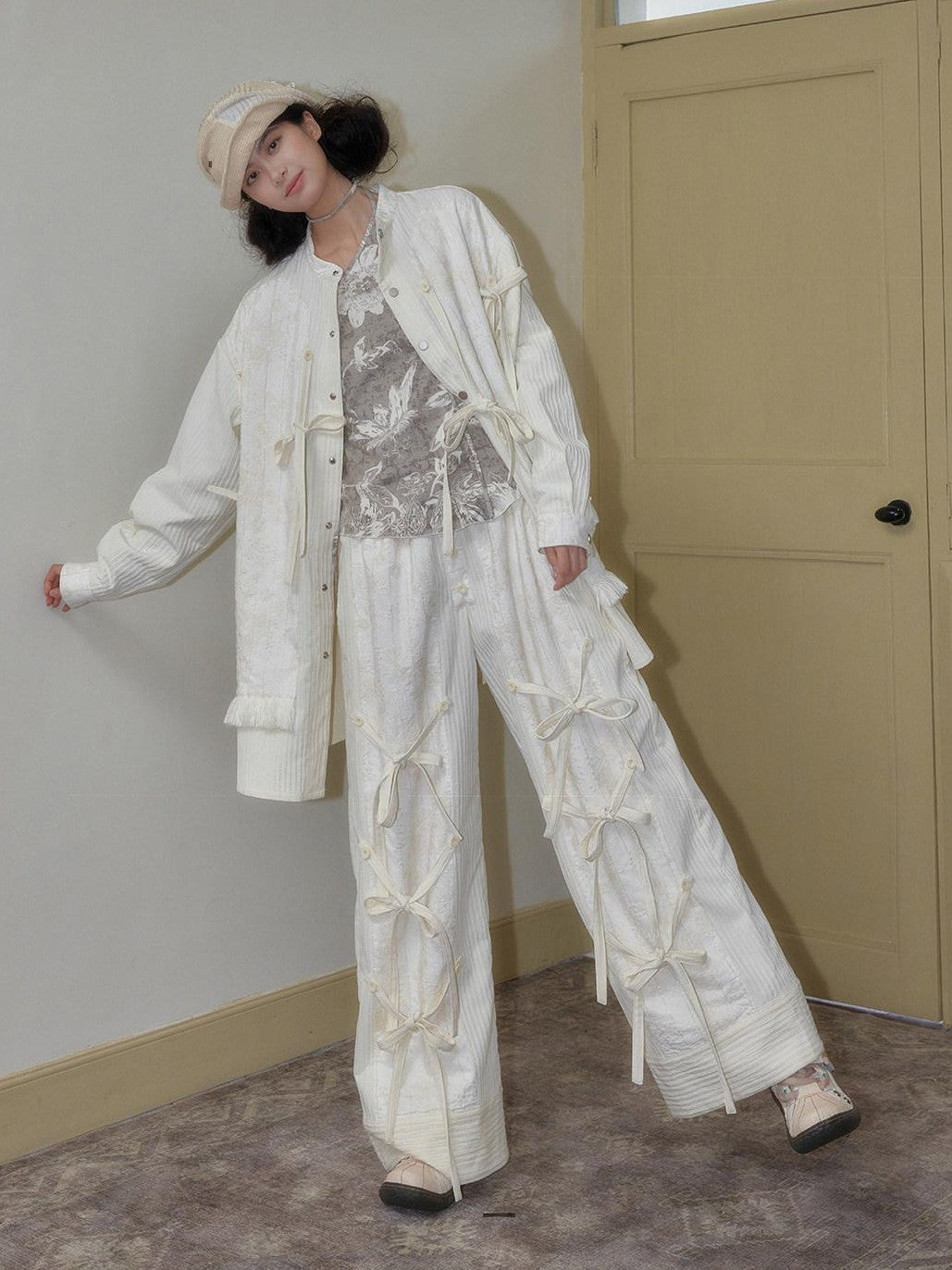 SENSELF Off White Striped Detachable Tie Bow New Chinese Style Women's Wide-leg Pants