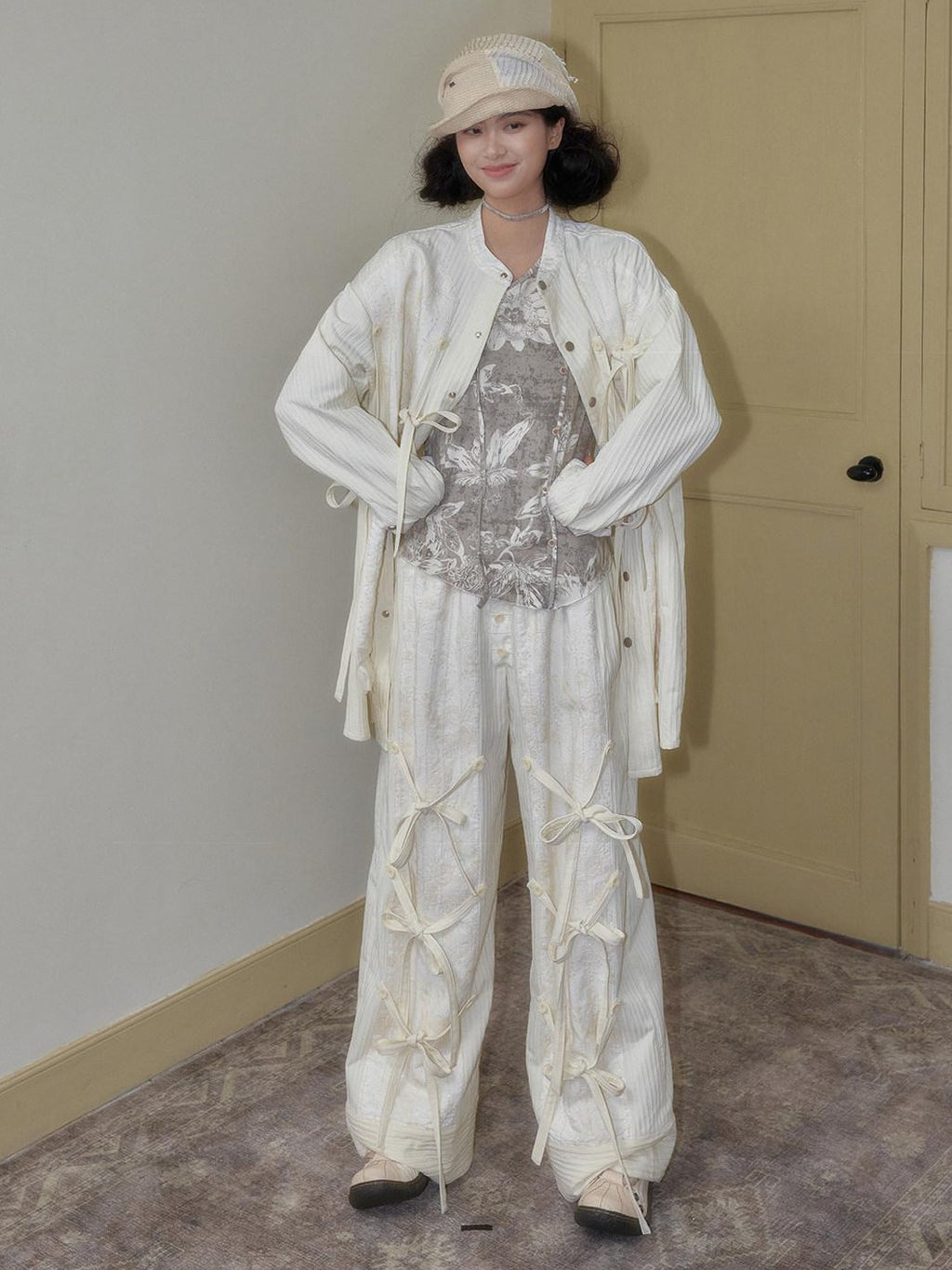SENSELF Off White Striped Detachable Tie Bow New Chinese Style Women's Wide-leg Pants