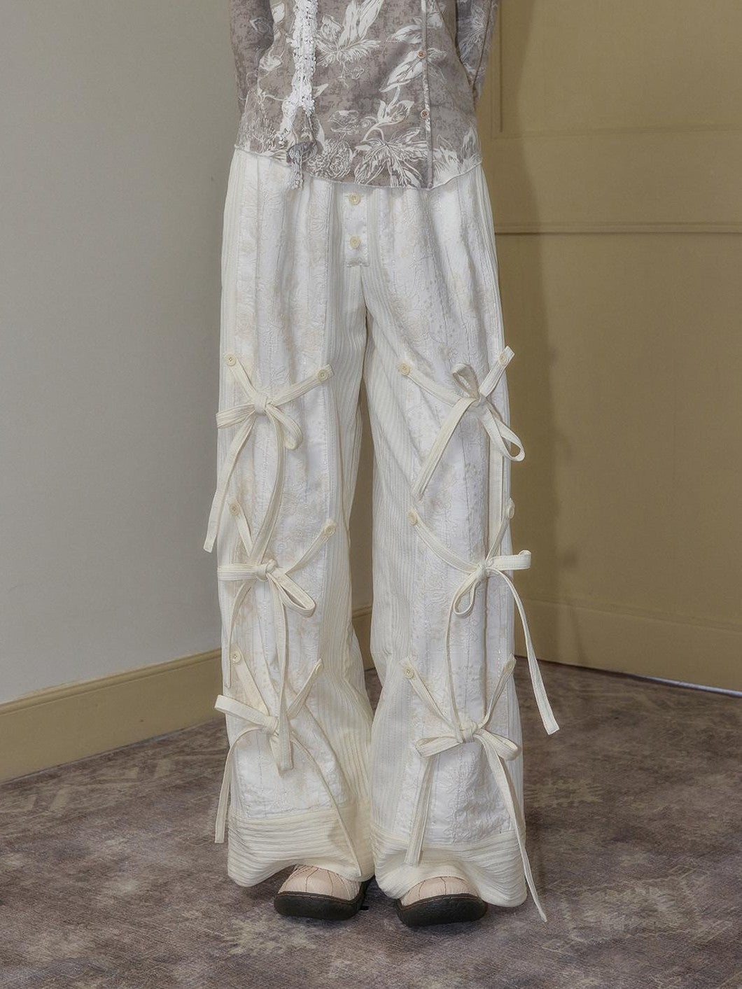 SENSELF Off White Striped Detachable Tie Bow New Chinese Style Women's Wide-leg Pants