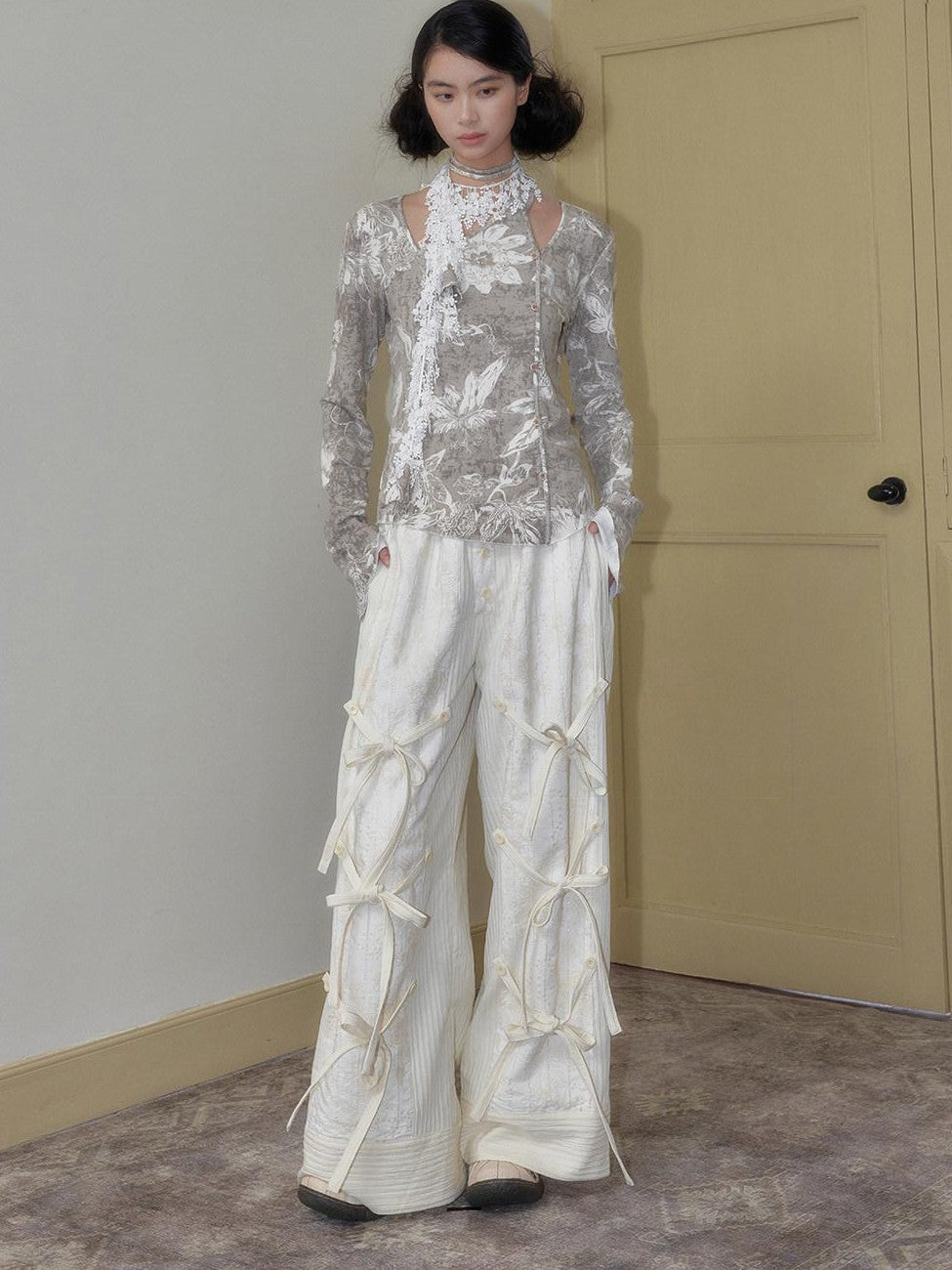 SENSELF Off White Striped Detachable Tie Bow New Chinese Style Women's Wide-leg Pants