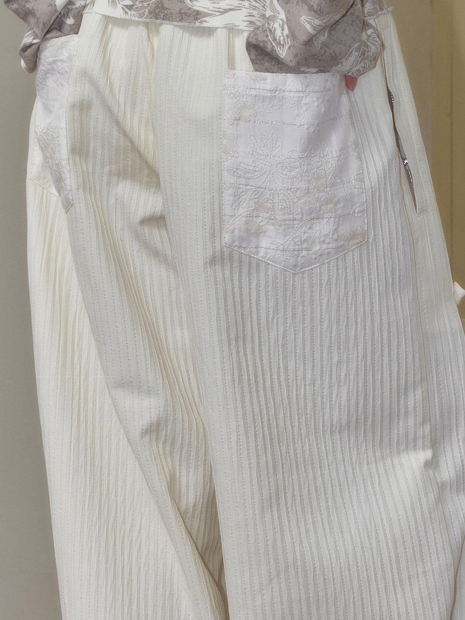 SENSELF Off White Striped Detachable Tie Bow New Chinese Style Women's Wide-leg Pants