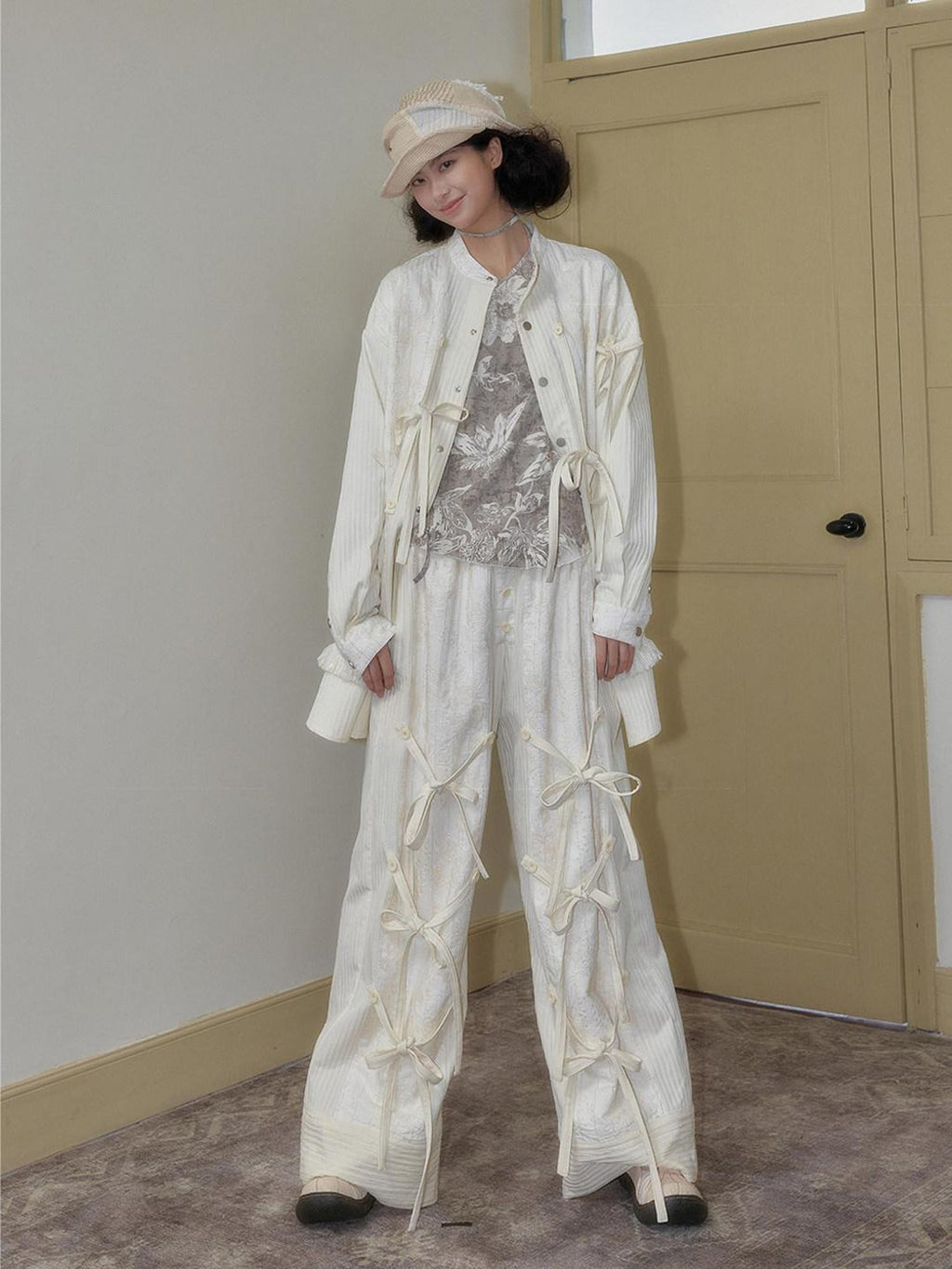 SENSELF Off White Striped Detachable Tie Bow New Chinese Style Women's Wide-leg Pants