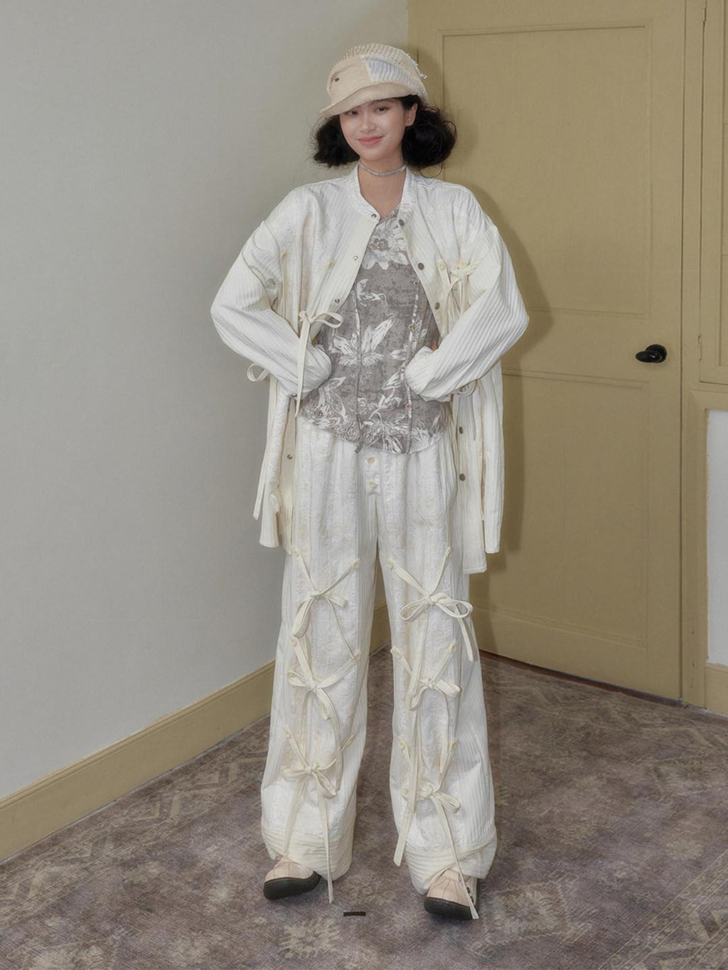SENSELF Off White Striped Detachable Tie Bow New Chinese Style Women's Wide-leg Pants