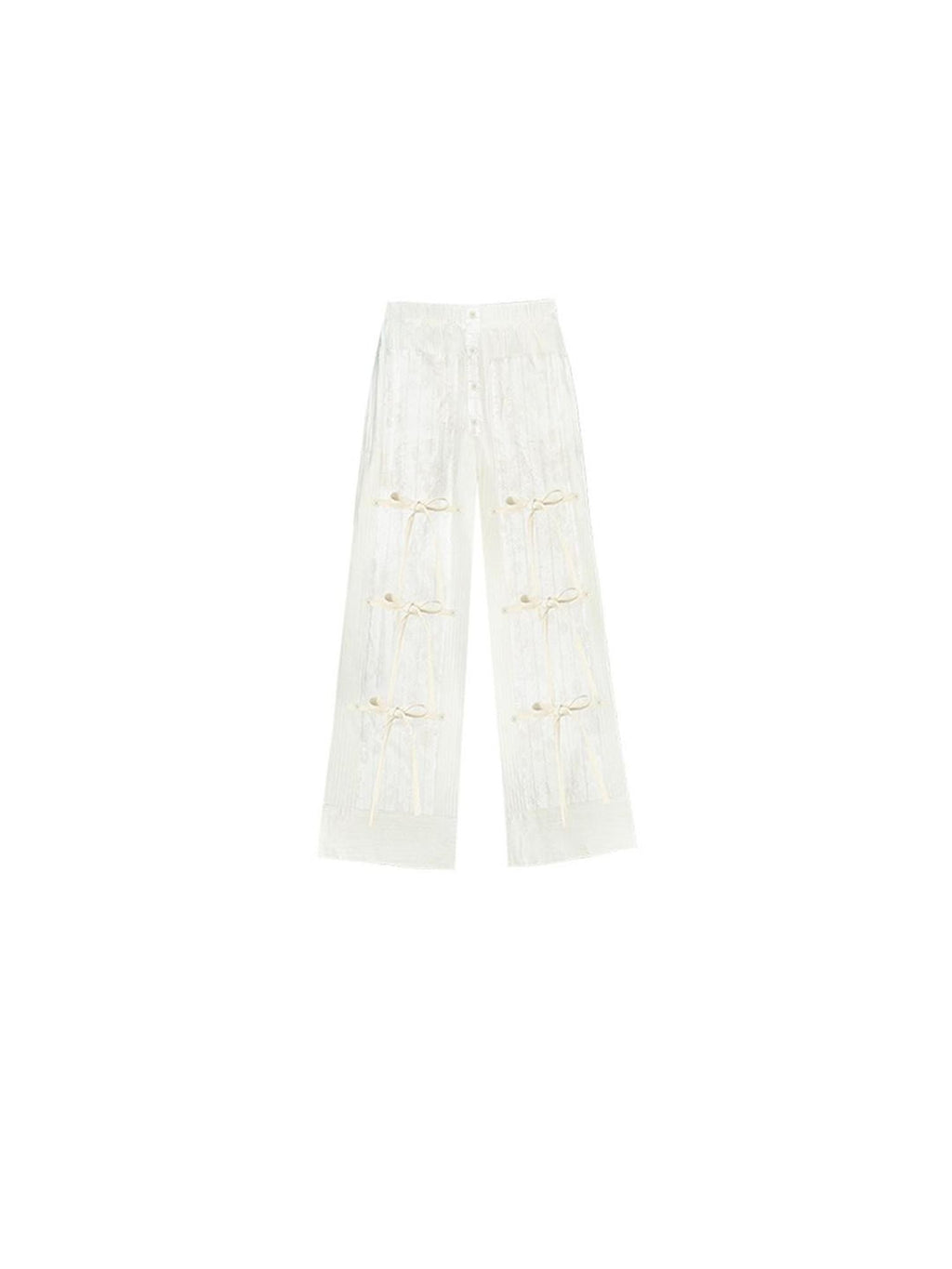 SENSELF Off White Striped Detachable Tie Bow New Chinese Style Women's Wide-leg Pants